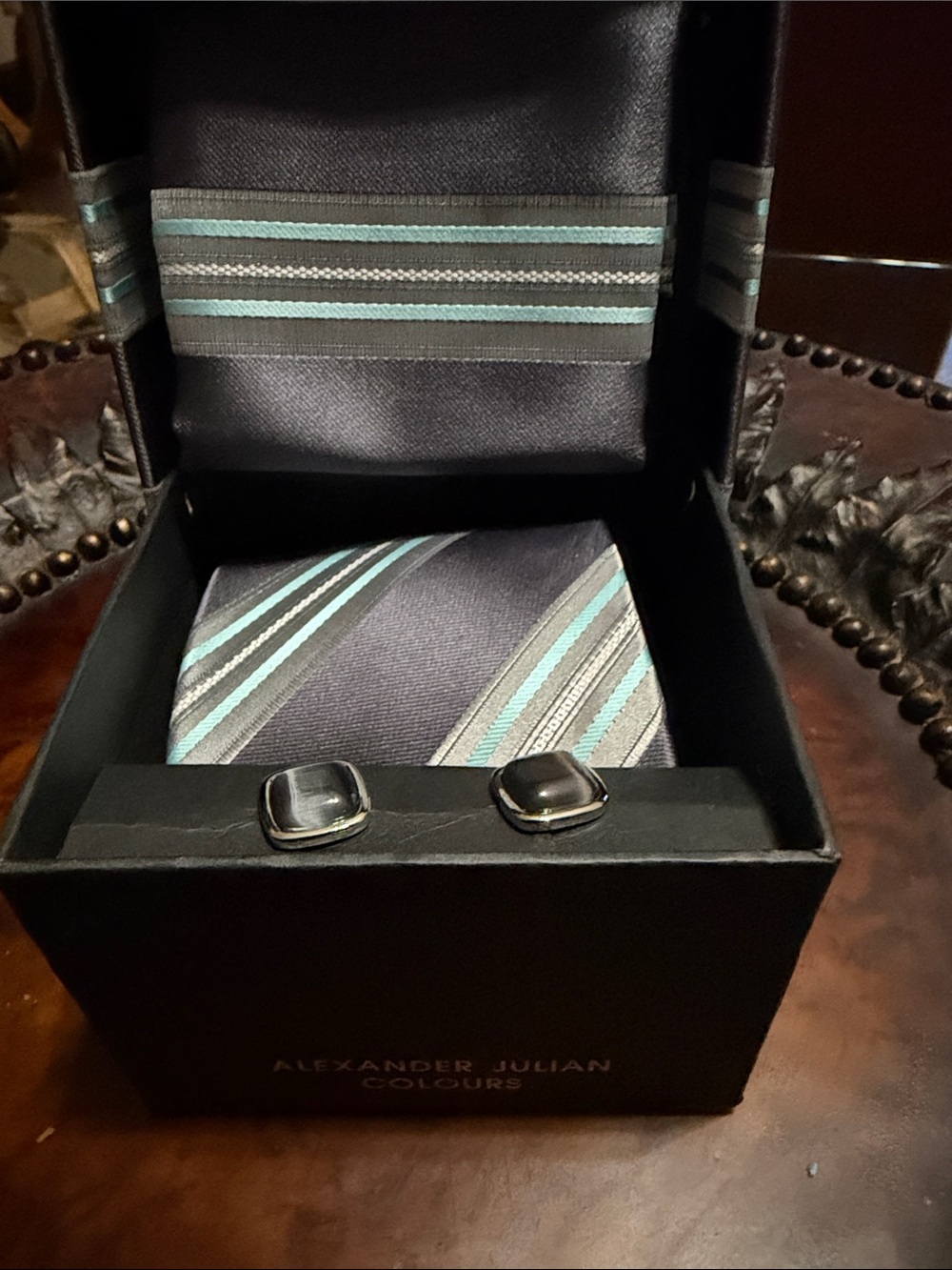 Alexander Julian Navy and Teal Striped Tie Set with Cufflinks
